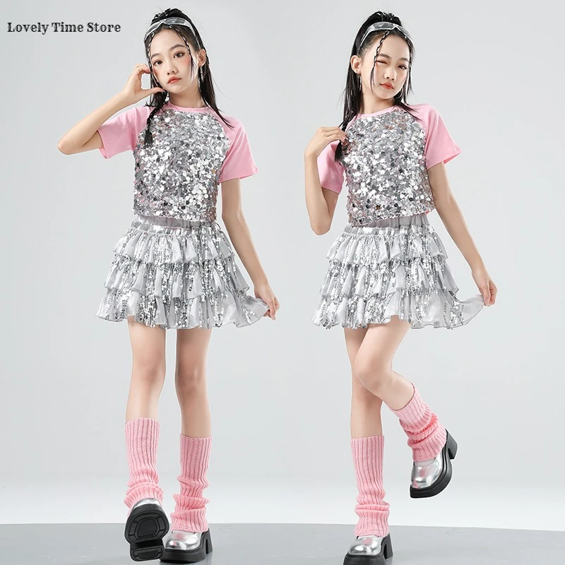 Girls K-pop Sequin Crop Top Tassels Tiered Skirt Shiny Pants Kids Hip Hop Streetwear Costumes Child Jazz Girl Group Clothes Sets