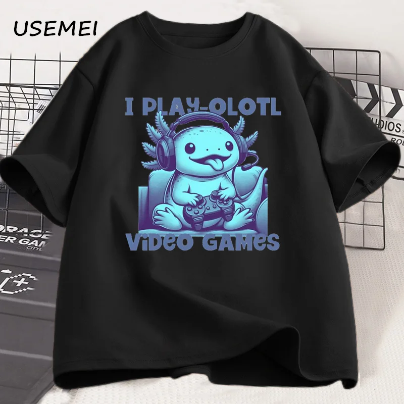 I Play-olotl Video Games Printed T-shirt Men Casual Cotton Round Neck Short Sleeve Tshirt Men's Designer Clothes Streetwear