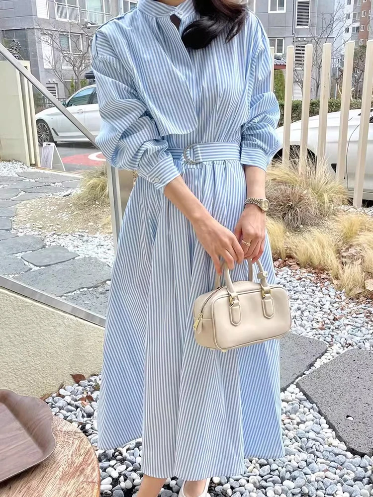 

Chic Spring irt Sle Dr Women's High Waist Slim Fit Long Sve Stripe A-Line Skirt Stand Collar Dr Korean Sle