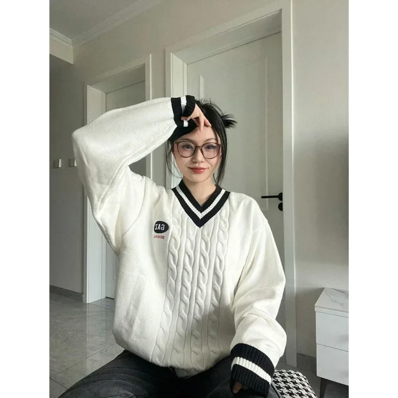 Koreaanse Stijl Oversized Truien Vrouwen Vintage V-Hals Gebreide Pullovers Vrouwelijke Preppy Look Japanse School Uniform Trui