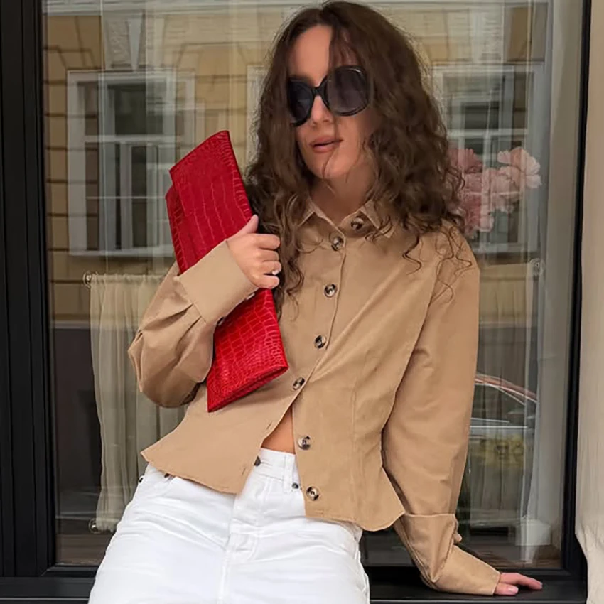 Khaki Casual Woven Inelastic Woman'S Blouse Lapel Collar Button Down Long Sleeve Shirt Solid Color Slim Fit Waist Shrink Tops