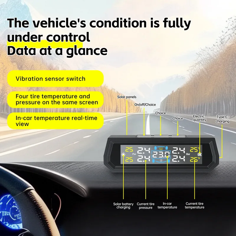 External/Internal Sensor TPMS Waterproof Digital Display Tire Pressure Monitoring System Wireless Solar/USB Powered 4 Sensors