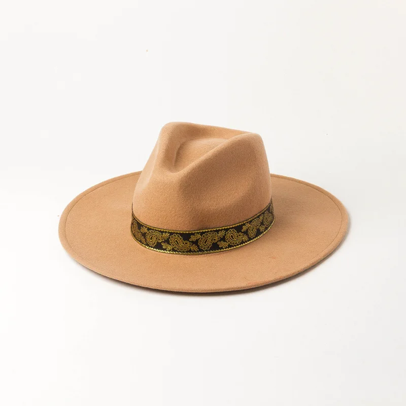 Autumn Winter New Fashion Embroidered Pattern Decorated Wool Jazz Hat for Shopping and Travel Styling Felt Fedora
