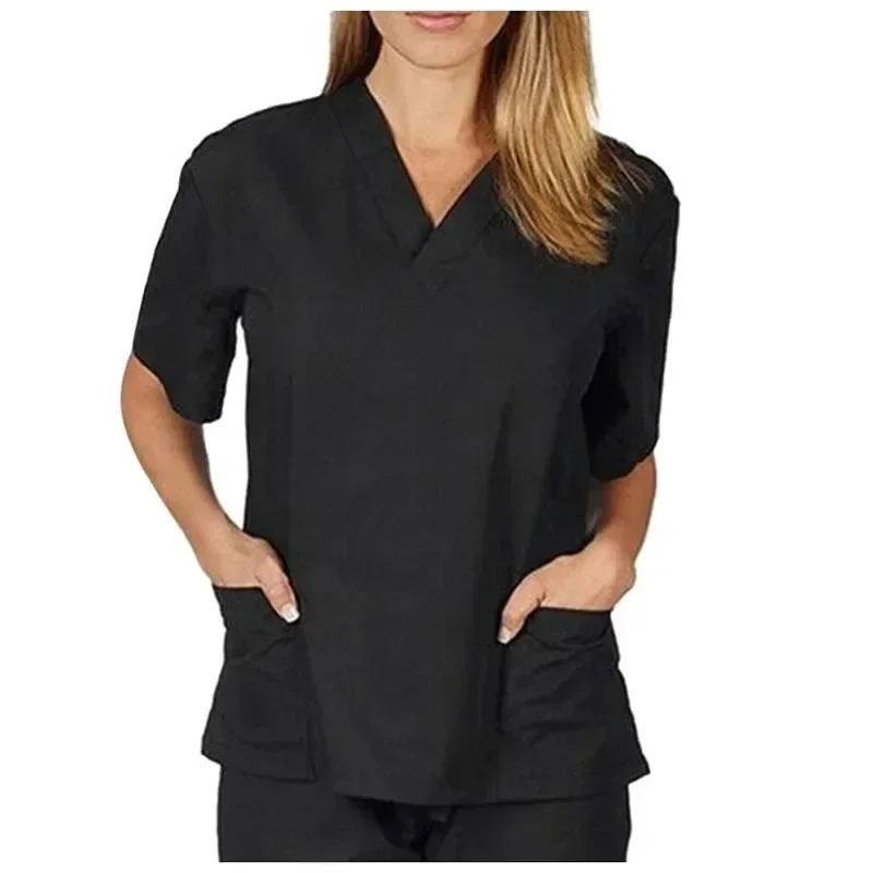 Short Sleeve Solid Nurse Uniform V-Neck Beauty Salon Overalls Clinic Carer Healthcare Tunic Women Patchwork Pocket Scrub Tops