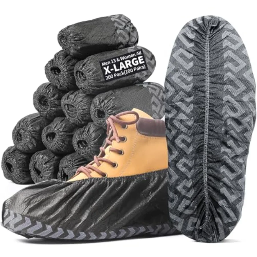 X-Large 50 Pack Shoe Covers Disposable Non-Slip, Black Non-Woven Fabric Boot Covers, Stretchable Fits Up to Size 13 US Men Blac