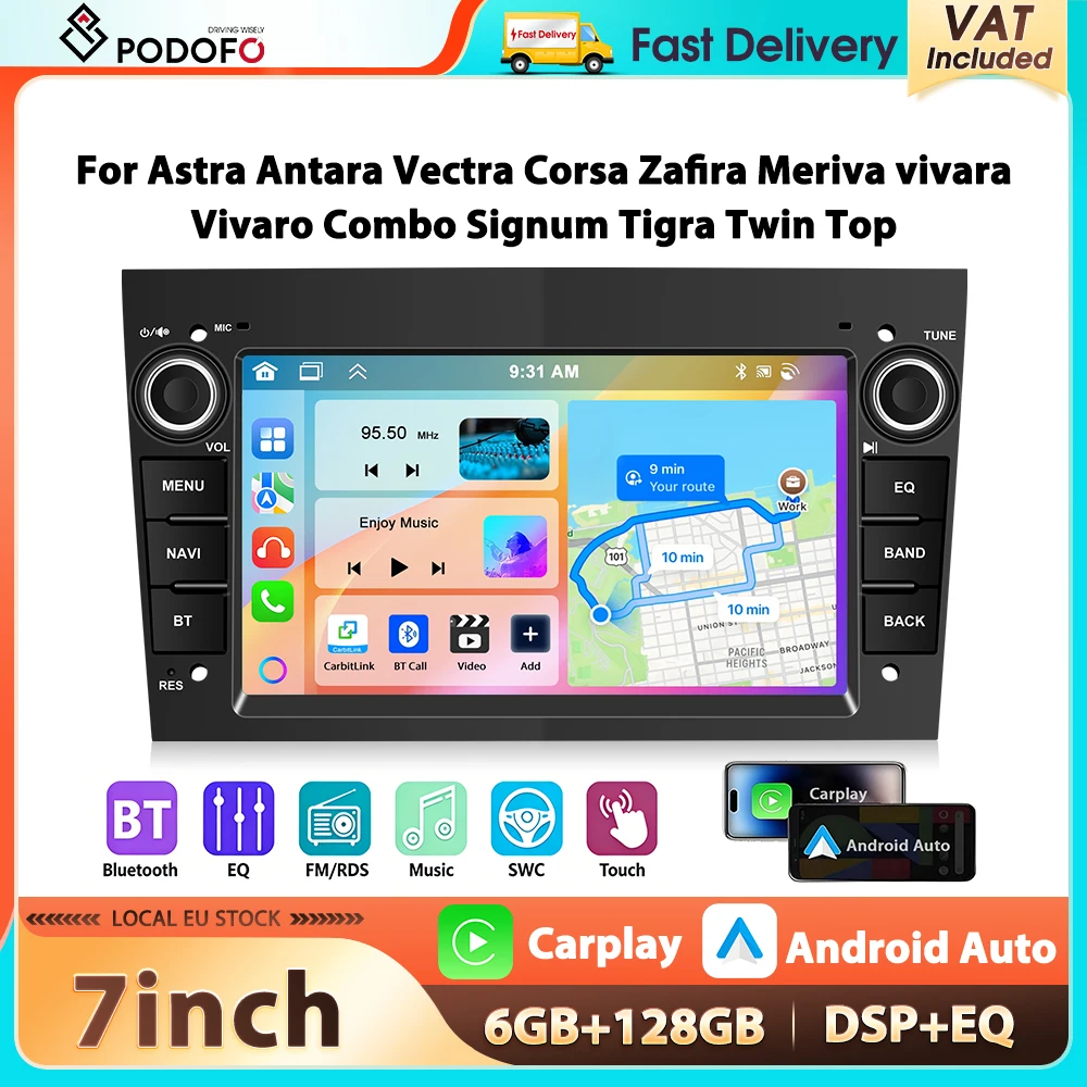 Podofo 7'' 6+128G Autoradio für Opel Astra Antara Vectra Corsa Zafira Multimedia-Player Carplay Android Auto WIFI GPS Auto-Audio