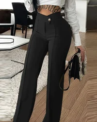 Women Pants Wide Leg Pants Zipper Fly Slim Fit Flat Office Lady Pockets High Waist Autumn 2023 Ankle Length Solid Color