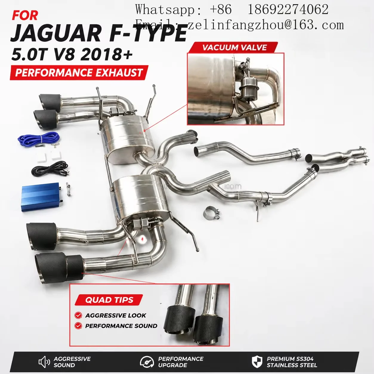 SS304 Stainless Steel Catback Exhaust System Vacuum Valve for Jaguar F-TYPE 5.0T V8 2018+ Quad Tips Performance Pro Kit