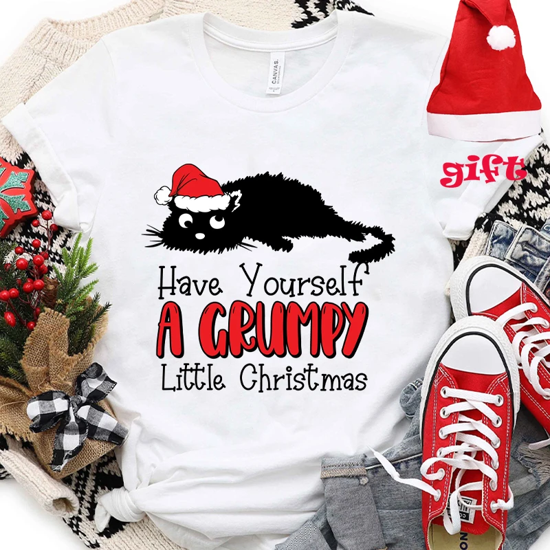 Have Yourself A Crumpy Little Christmas Women's Clothing Casual Funny Harajuku Party Xmas Blact Cat T-Shirt with Christmas Hats