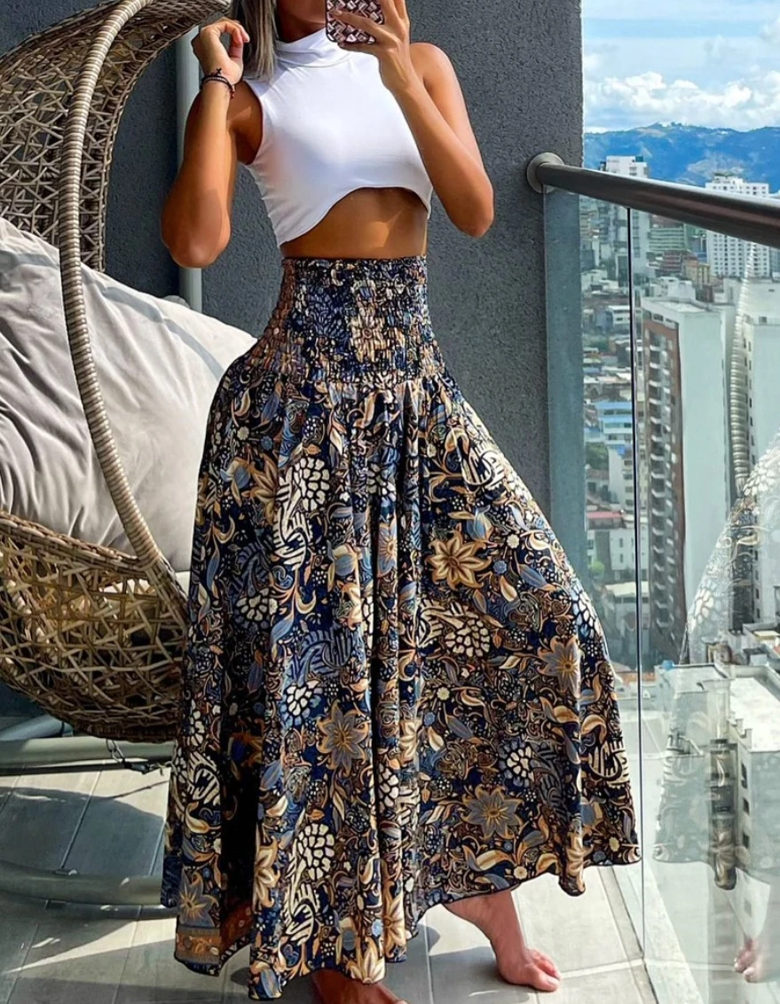 Women's High Waist Elastic Paisley Print Long Skirt Bohemian Style Flowy Maxi Skirt Summer Beach Skirt