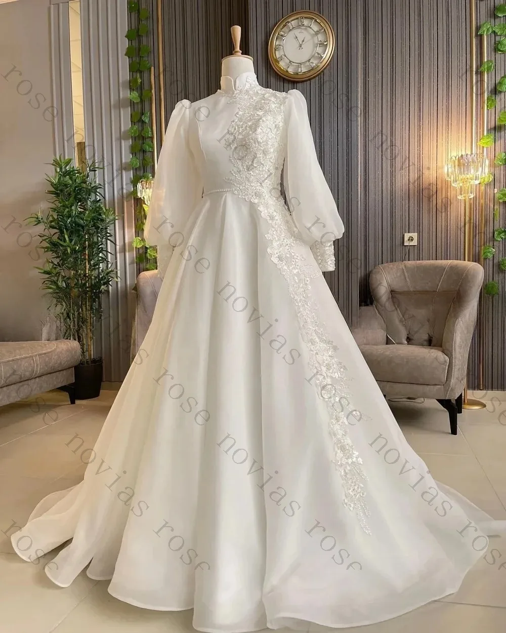 Customized High Neck Fluffy Long Sleeved Satin Wedding Dress 2026 Diagonal Lace Decal A-line Bridal Gown Suitable for Parties