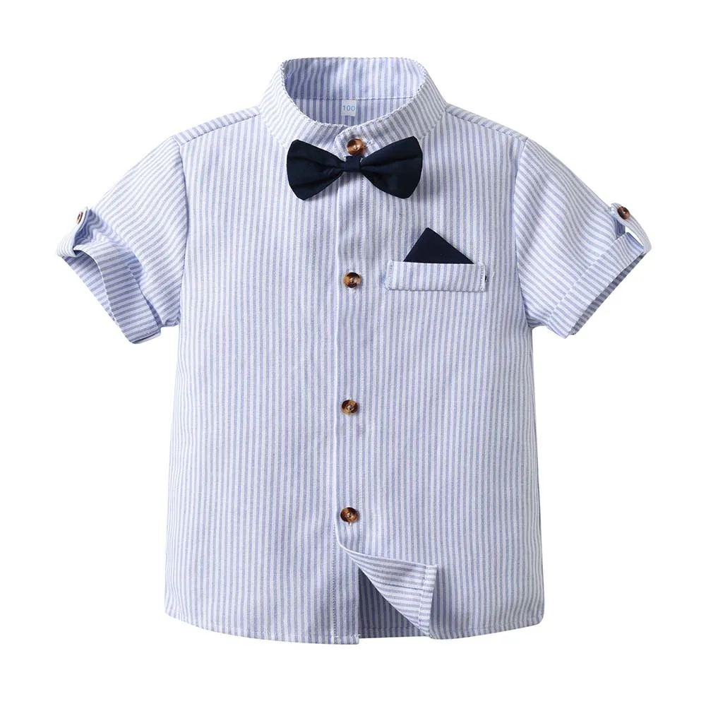 LAPA 12M-6Y Kids Gentleman Costume Baby Boys Short Sleeve Striped Bow Shirt+Overalls Shorts 2pcs Formal Dress Children\'s Outfits