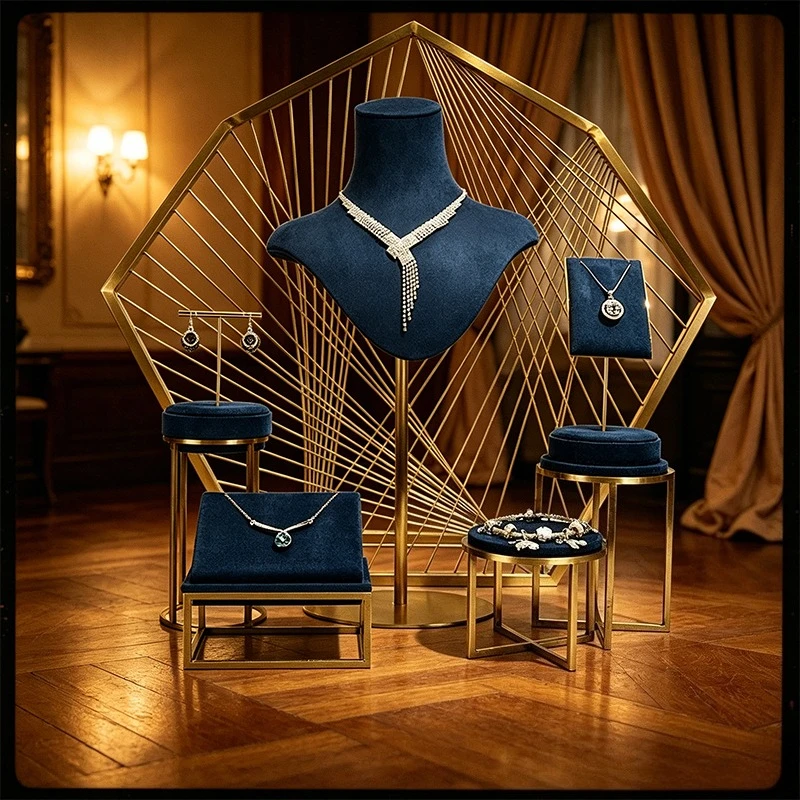 

Подставки для демонстрации ювелирных изделий, колье, колец, сережек, синяя металлическая витрина для украшений.