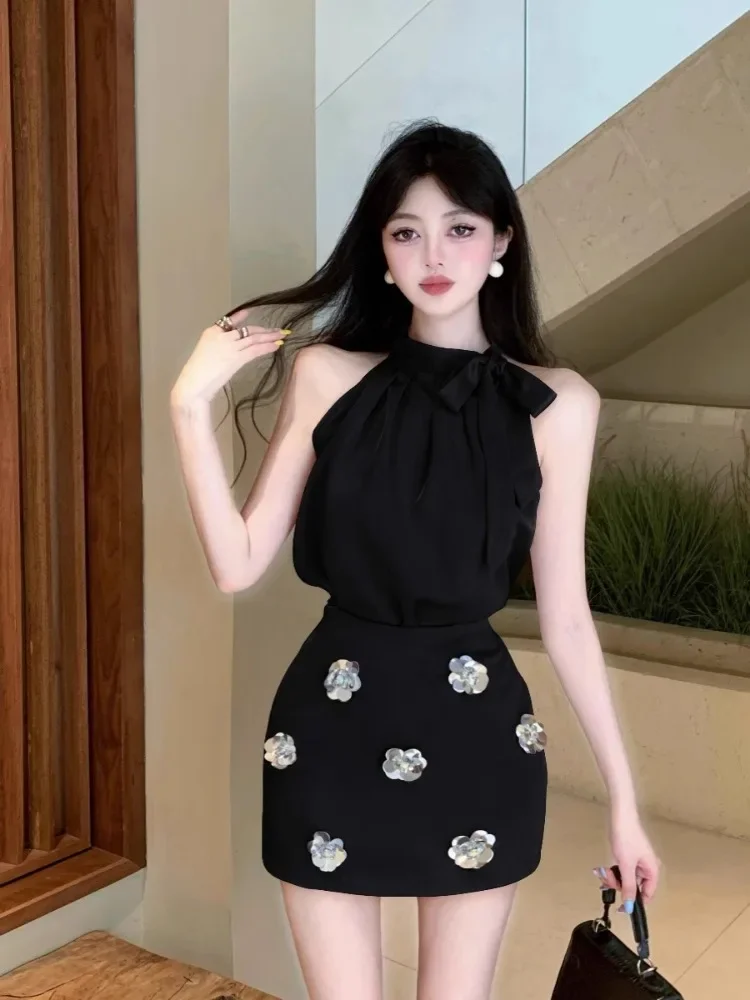 Ezgaga Women Two Piece Set Elegant Satin Tank Tops Bow Ribbon Sleeveless Blouse Sequins Flowers Mini Skirts Shirts Female Suits