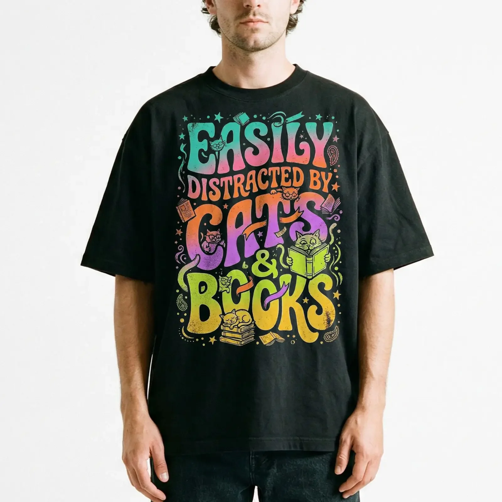 Easily Distracted By Cats And Books Gradient Text T Shirt Bookworm Cat Lover vintage Washed homme Soft Versatile fashion