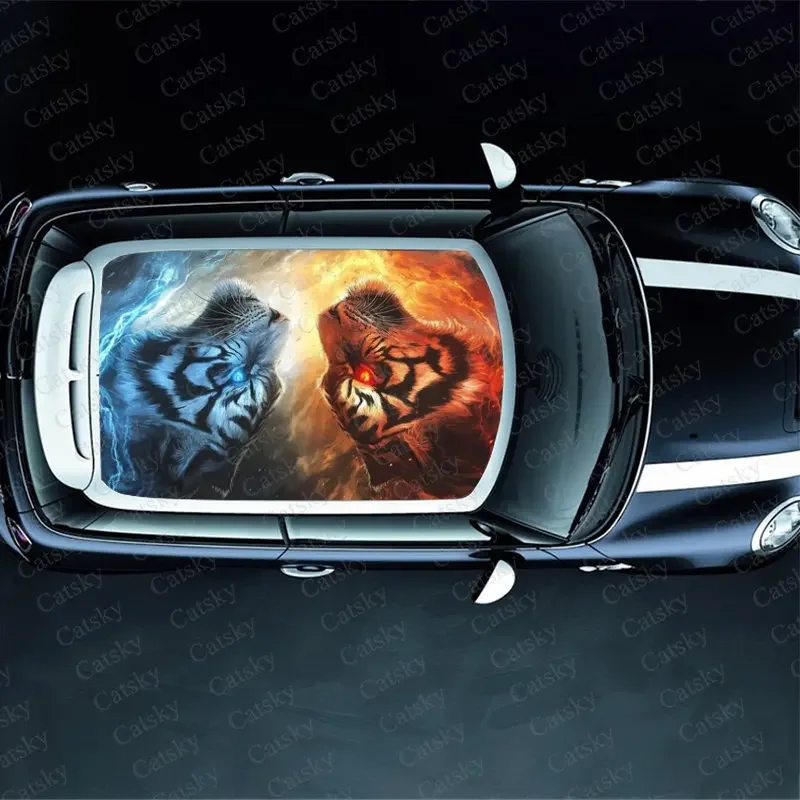Ice Fire Abstract Tiger Print Car Roof Sticker Wrap Racing SUV Auto Accessories Packaging PVC Car Hood Graphic Decal Decoration