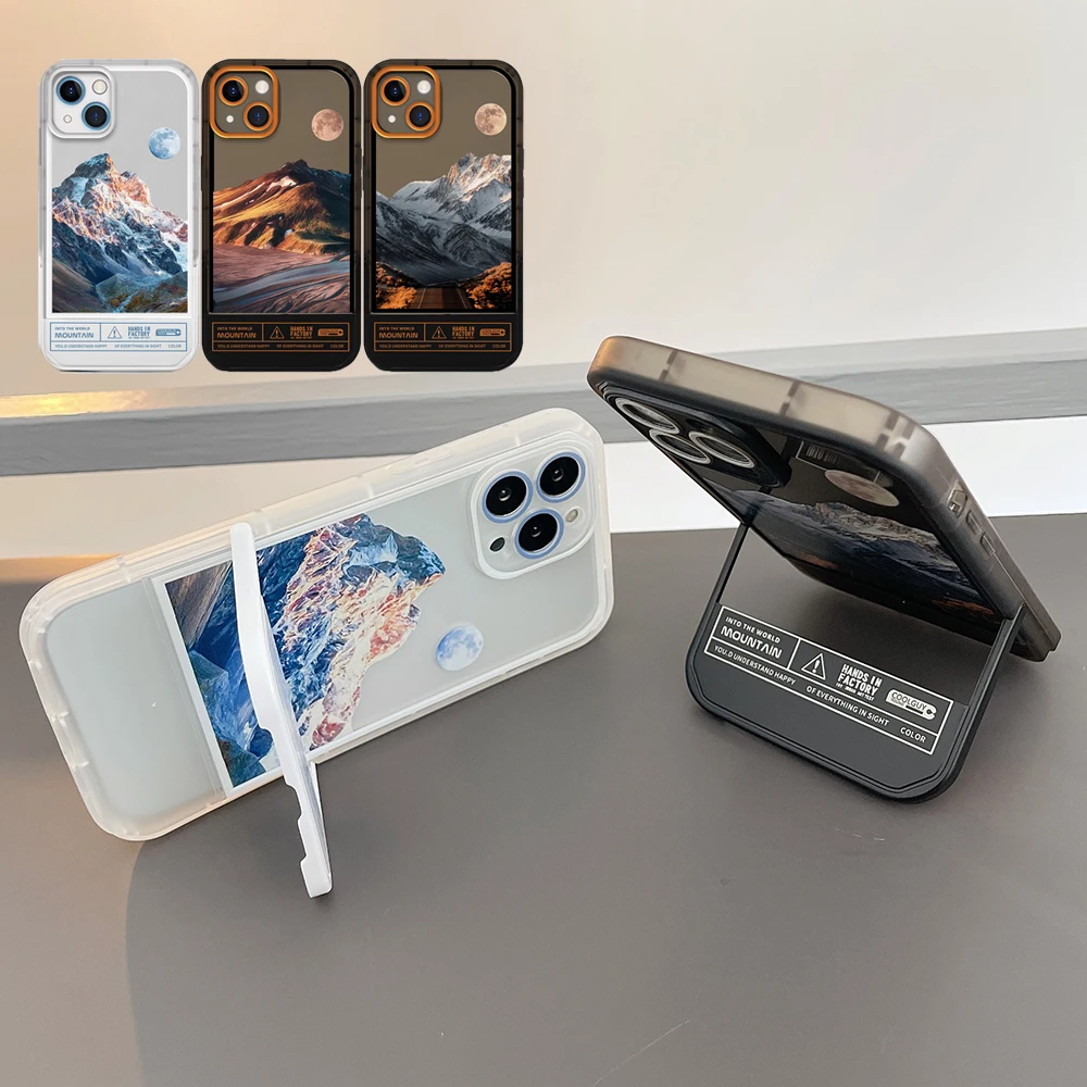 for iPhone 14 13 12 11 Pro Max XS XR 7 8 Plus Case Snow Mountain Invisible Stand Bottom Holder Bracket Soft Protect Camera Cover