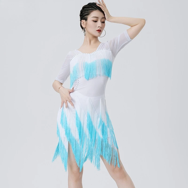 جديد اللاتينية ملابس رقص الساخن الماس الرقص المنافسة أداء زي التغيير التدريجي مهدب فستان المرأة #3