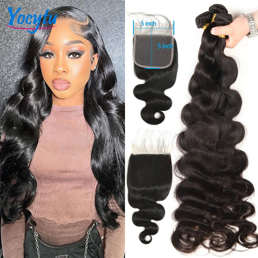 YOCYTU Body Wave Human Hair Bundles With Closure Brazilian Hair Body Weave 3 PCS Bundles With Closure Remy Body Hair Weave Extensions Transparent