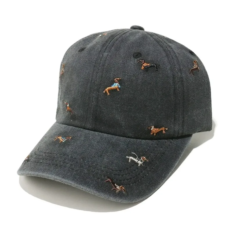 Outdoor Washable Soft-Top Baseball Cap with Embroidered Puppy Design Vintage Street Style Distressed Duckbill Cap for Women