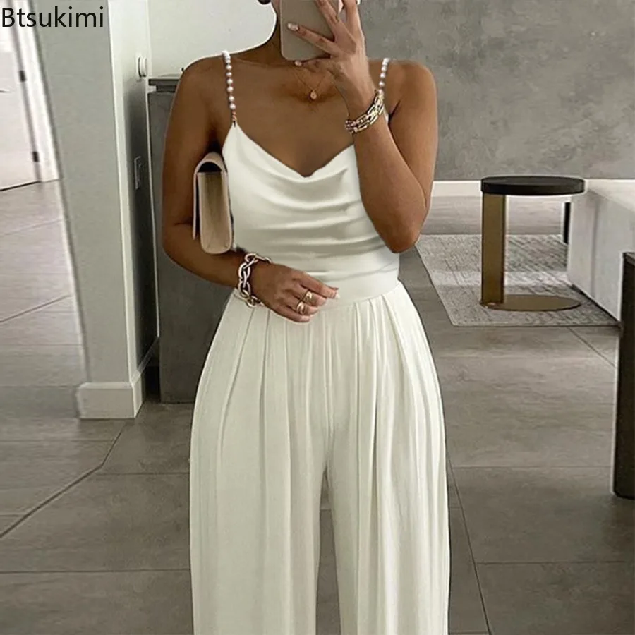 2026 Women's Summer Elegant Jumpsuits Sexy Solid Pearl Straps Jumpsuit Woman Wide Leg Open Back Fashion V-Neck Overall Bodysuits