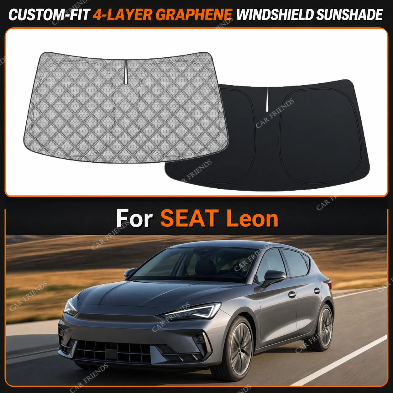 For SEAT Leon Custom-Fit 4-Layer Graphene Windshield Sunshade Reflective Gray-Silver Surface Helps Reduce Direct Sunlight