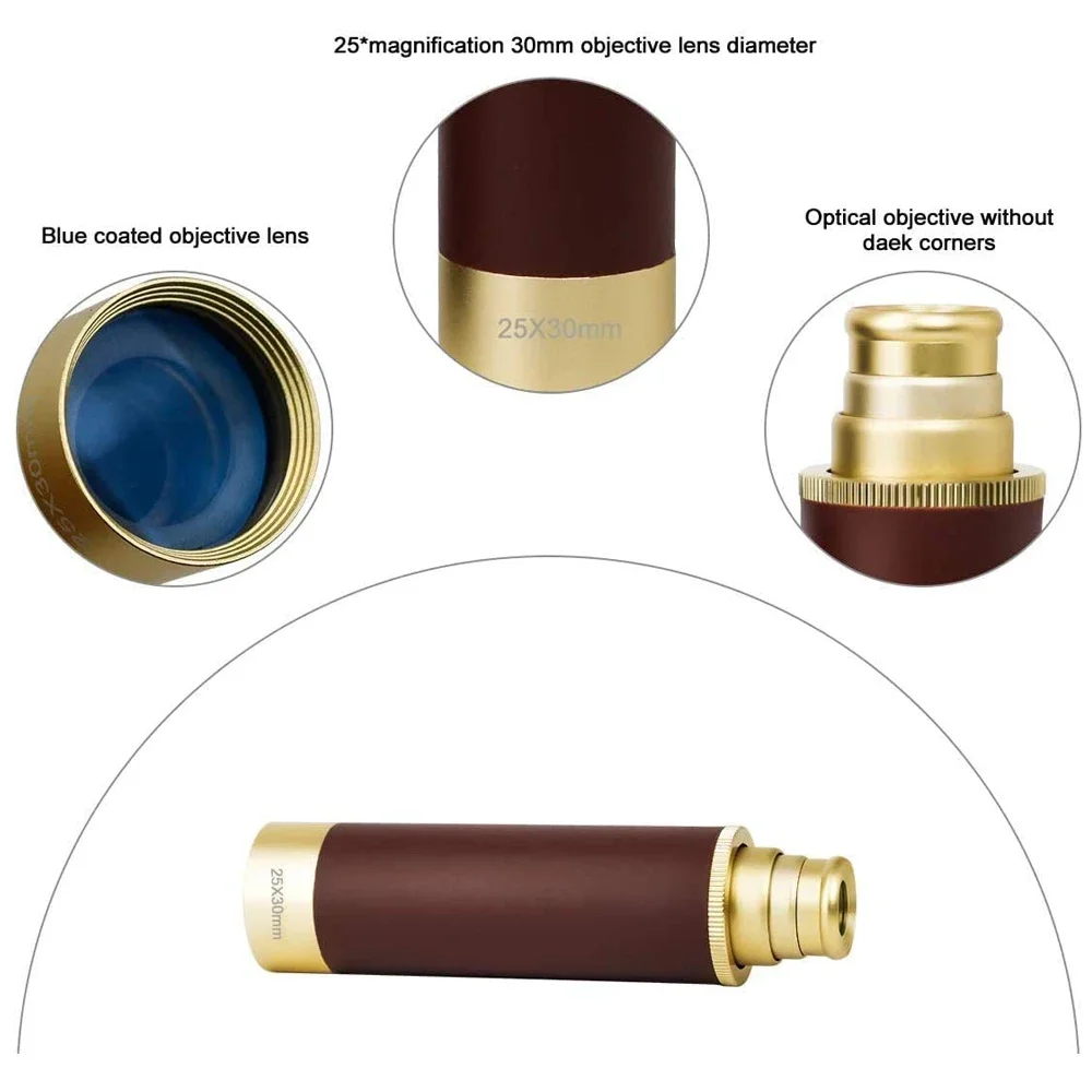 Retro Pirate Telescope Zoomable 25x30 Pocket Monocular Collapsible Captain Jack's Spyglass Handheld Vintage Telescope for Kids