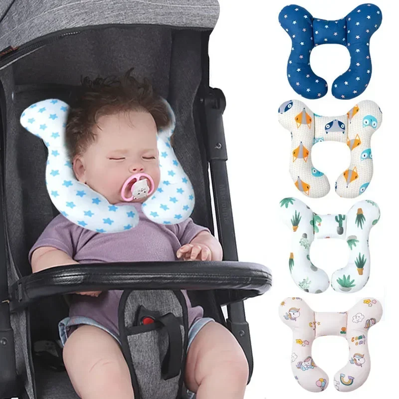 Almohada de bebé de dibujos animados, almohada de viaje en forma de U para niños, almohada de cochecito multifuncional de algodón suave para coche de viaje para bebé