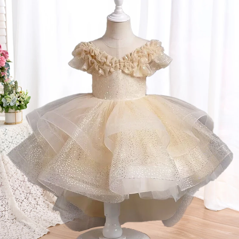 Flower girl wedding party ball tailed Print Dress Girl Birthday communion party high collar dress girl Graduation Dinner Dress