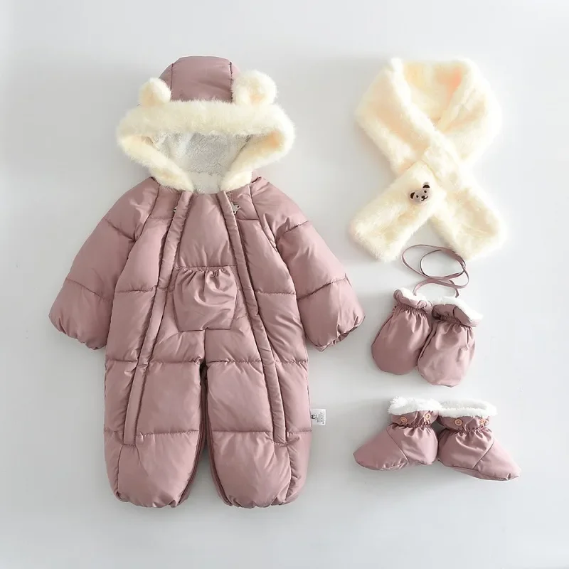 4-teiliges Set BELLBELL Winter-Strampler für Neugeborene Mädchen + Schal + Handschuhe + Schuhe, Outfit mit Kapuze, Plus Samt, warm, für Säuglinge, Babys, Mädchen, Jumpsuits – Detail 11