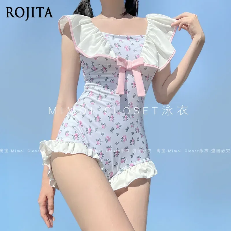 Summer New Lolita One-piece Swimsuit Women's Kawaii Bow Print Hot Spring Beach Swimwear Sweet Female Student Bathing Suit Women