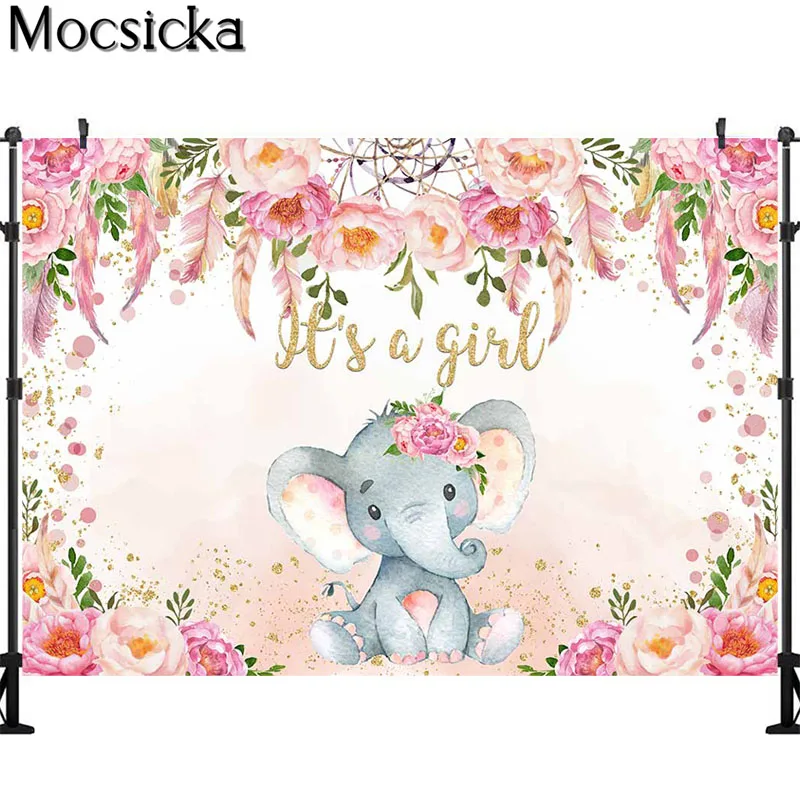 É uma menina chá de bebê pano de fundo bonito elefante dreamcatcher pena rosa flores fotografia fundo bolo mesa decoração banner
