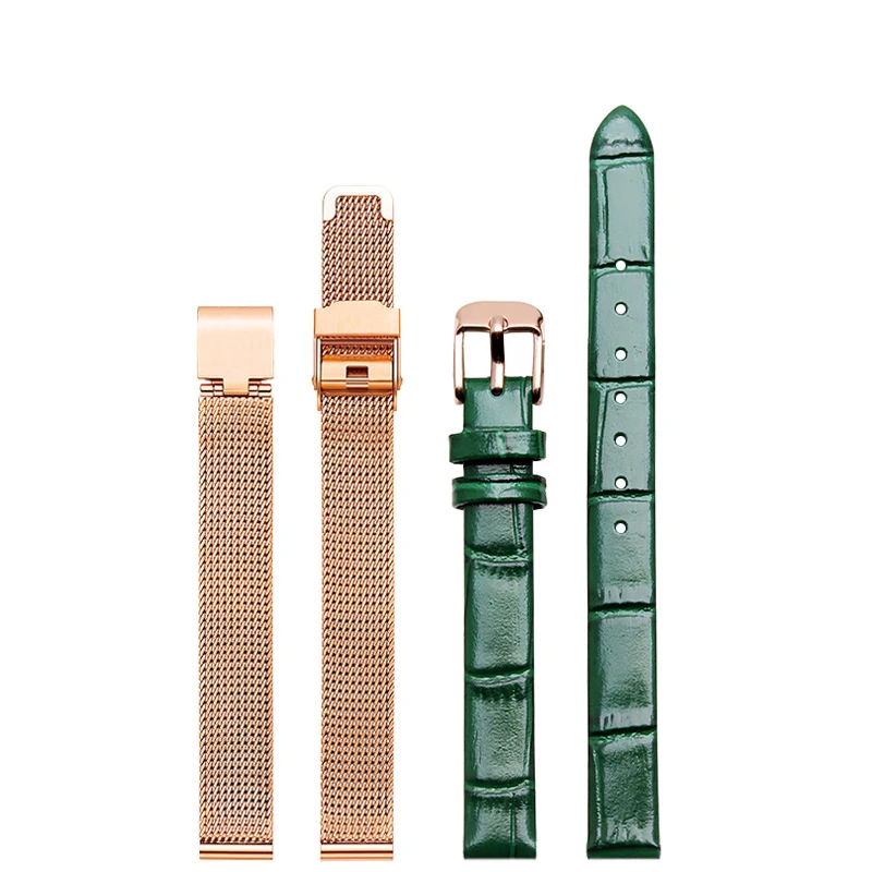 Leather strap for lola rose DW female ins niche green square 10mm leather strap waterproof simple black  Small Size Watch strap