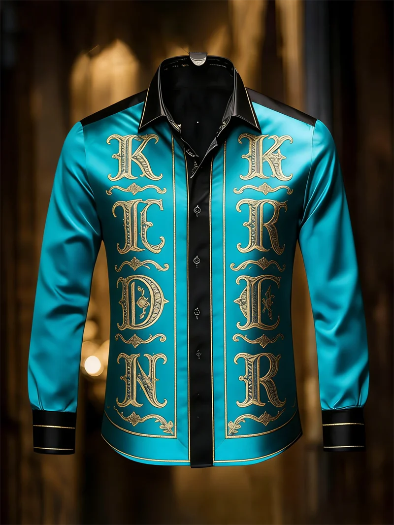 New Lake Blue Hot Stamping Retro Letter Men's Long Sleeved Shirt with Palace Style Slim Fit Business Shirt Clothing