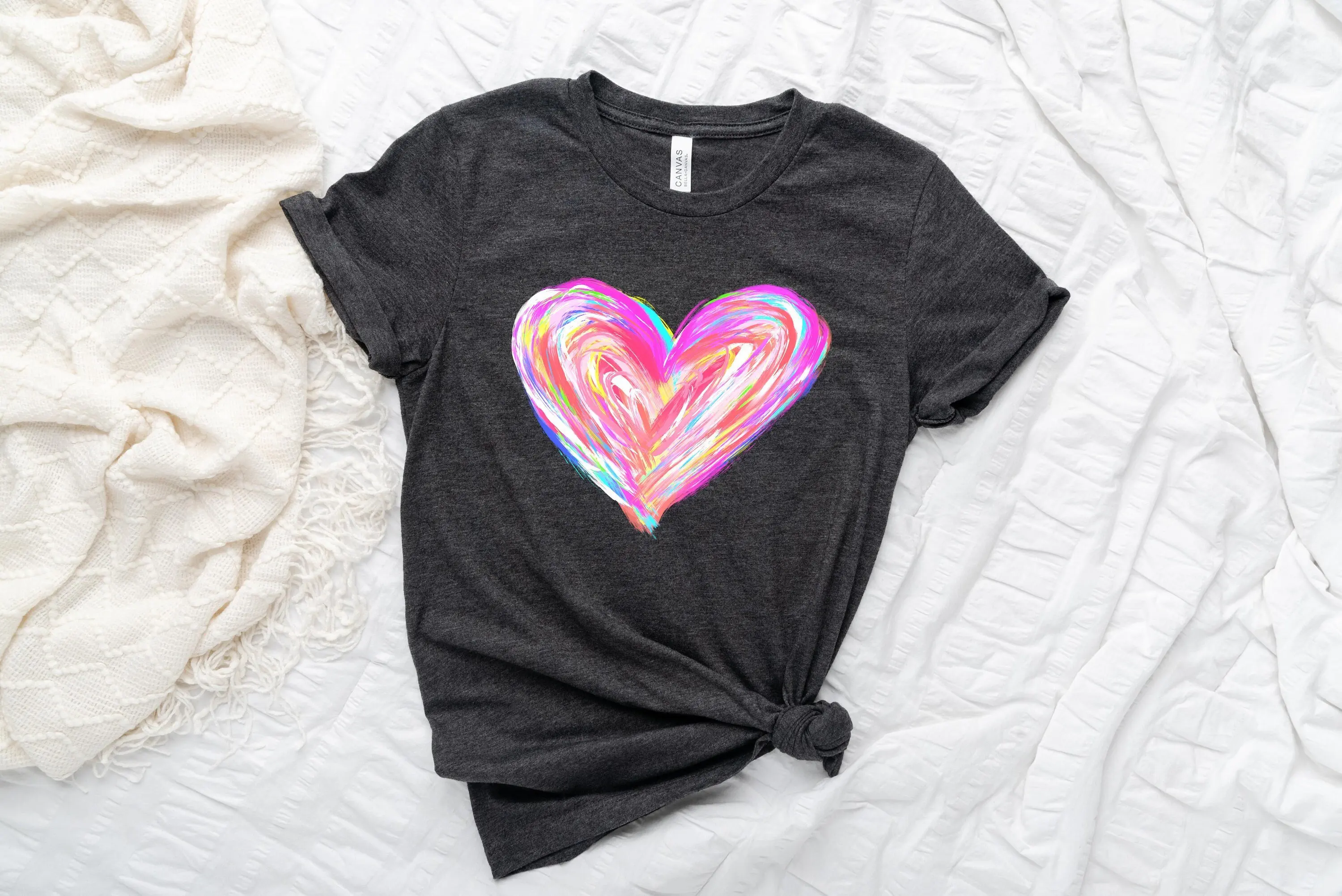 Colorful Love Valentine's Day Woem T-shirt Cotton 2024 New Fashion Watercolor Heart Valentines Women Shirt Voguish Valentine Tee