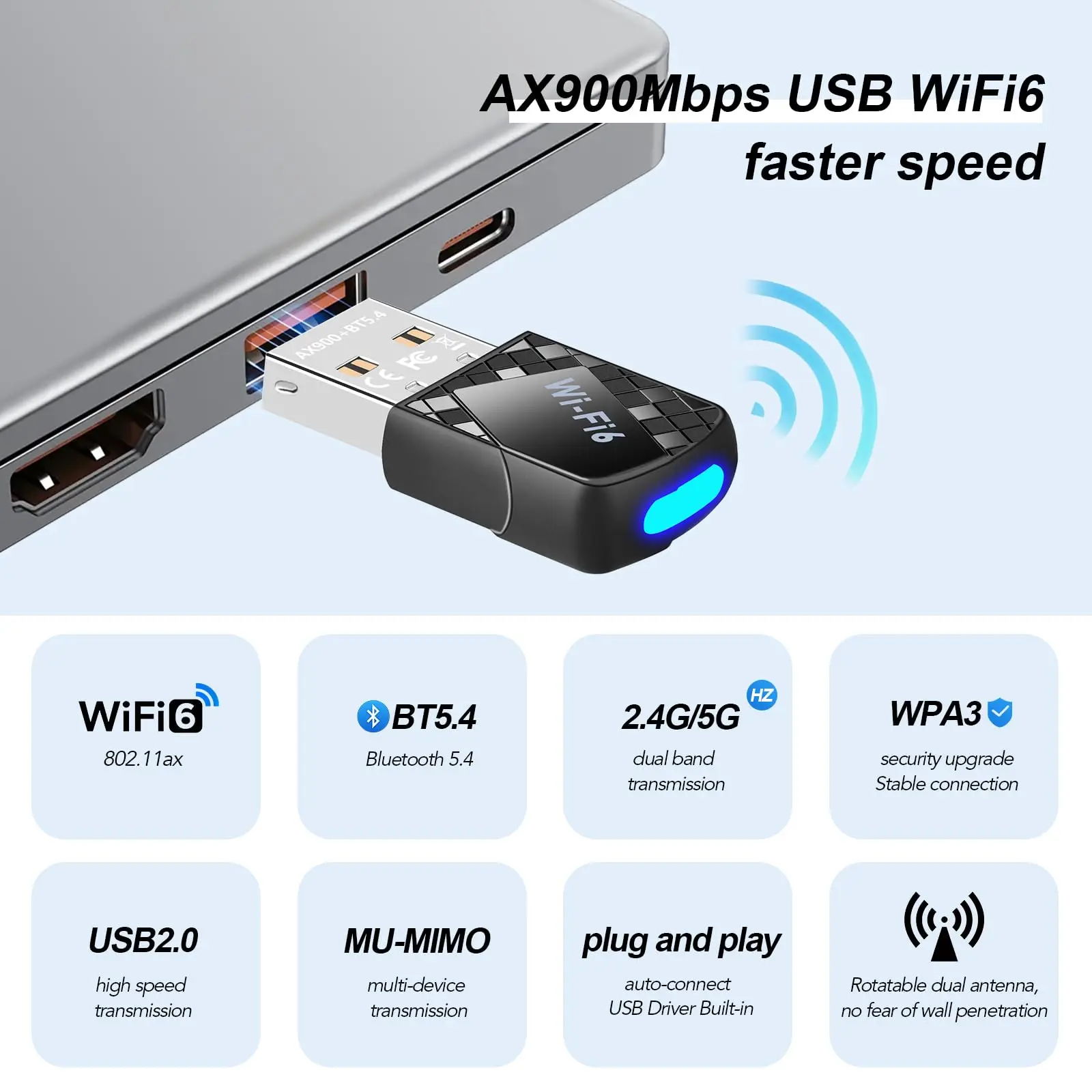 อะแดปเตอร์ WiFi 6 USB AX900Mbps สำหรับพีซี, อะแดปเตอร์ WiFi 2-in-1 บลูทูธ 5.4 แบบดูอัลแบนด์ 2.4G/5G