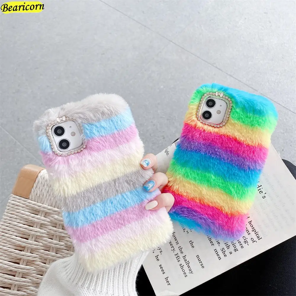 Soft Plush Phone Case For Xiaomi Redmi Note 4 4X 5 5A 6 7 8 9 10 Pro Max 8T 9S 9T 10S 10T Rainbow Furry Warm Fur Hairy Cover