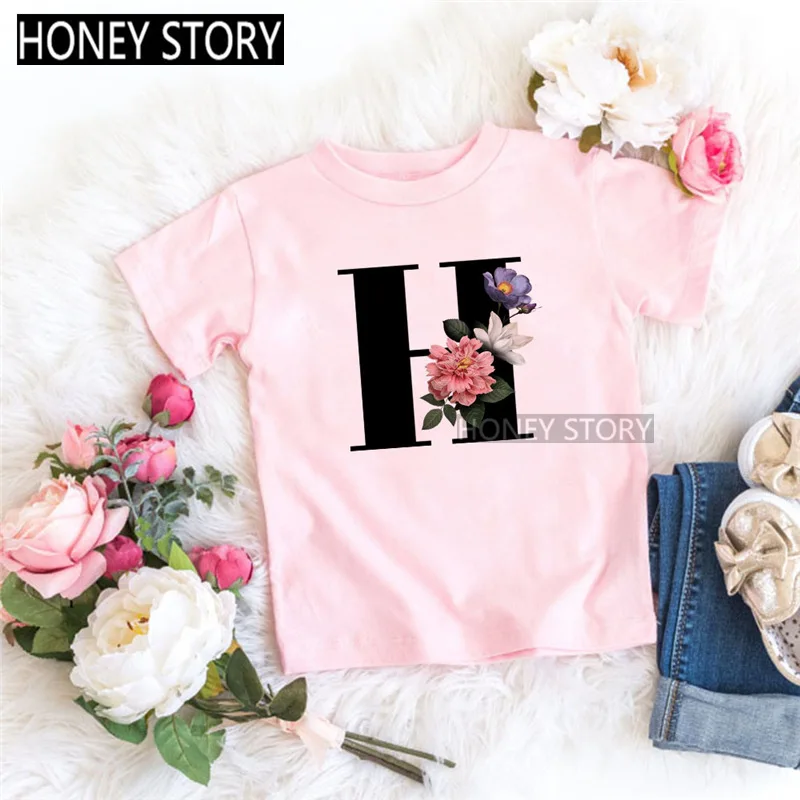 Camiseta infantil preta com letras inglesas, gola redonda, manga curta, rosa, flor, flor, meninos, meninas, 26