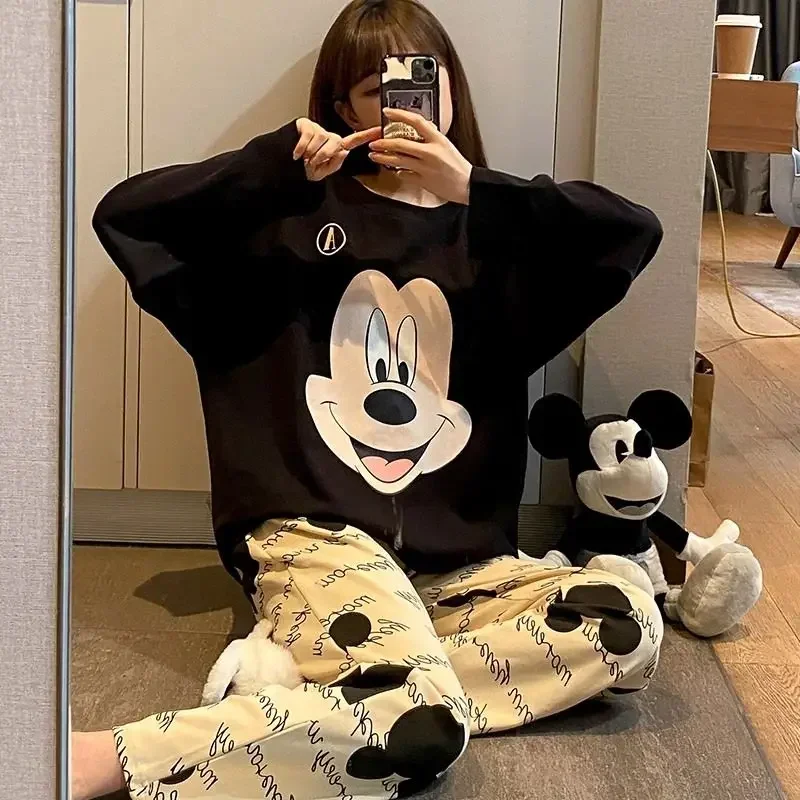 DisneyMickey Mouse Zijden Pyjama Dames Herfst Katoen Lange Mouw Lange Broek Dames Pyjama Pyjama Broek Set Casual Loungewear