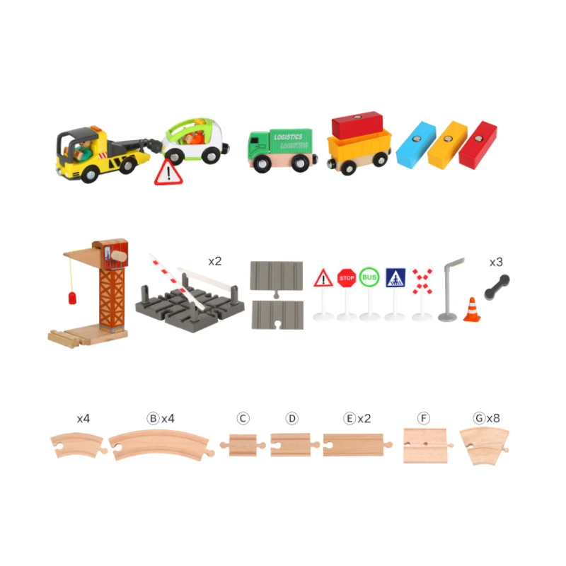 Wooden Train Track Set Crane Works Rescue Children Assemble Educational Toys For Boys And Girls Suitable For Wooden Rail Pd49