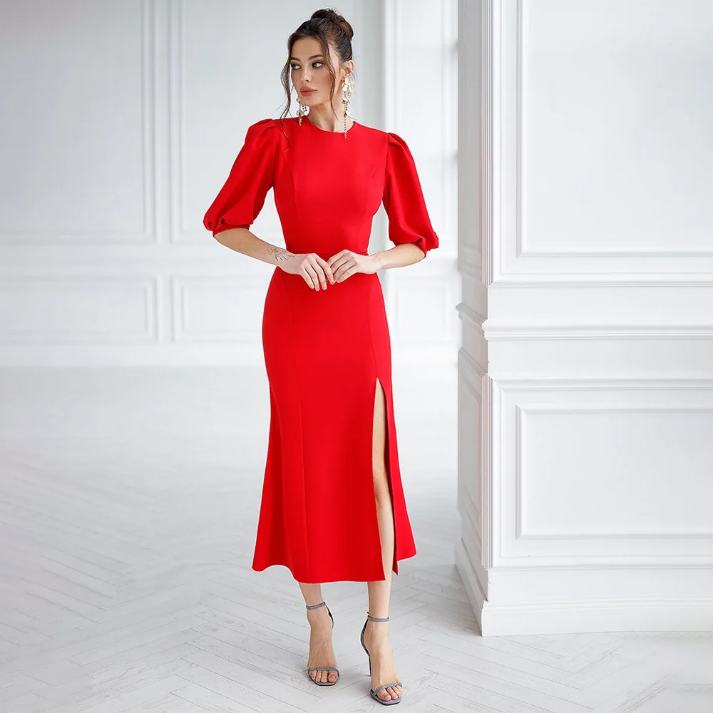 

Elegant Wedding Guest Gowns for Women Half Puff Sleeves Mermaid Cocktail Dress Midi O Neck Side Slit Trumpet Short Party