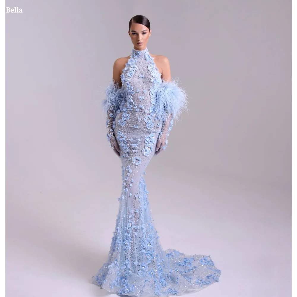 Bella personalizar vestidos de fiesta de plumas de sirena azul flores 3D cuello Halter vestidos de graduación guantes hasta el suelo vestido de novia 2025