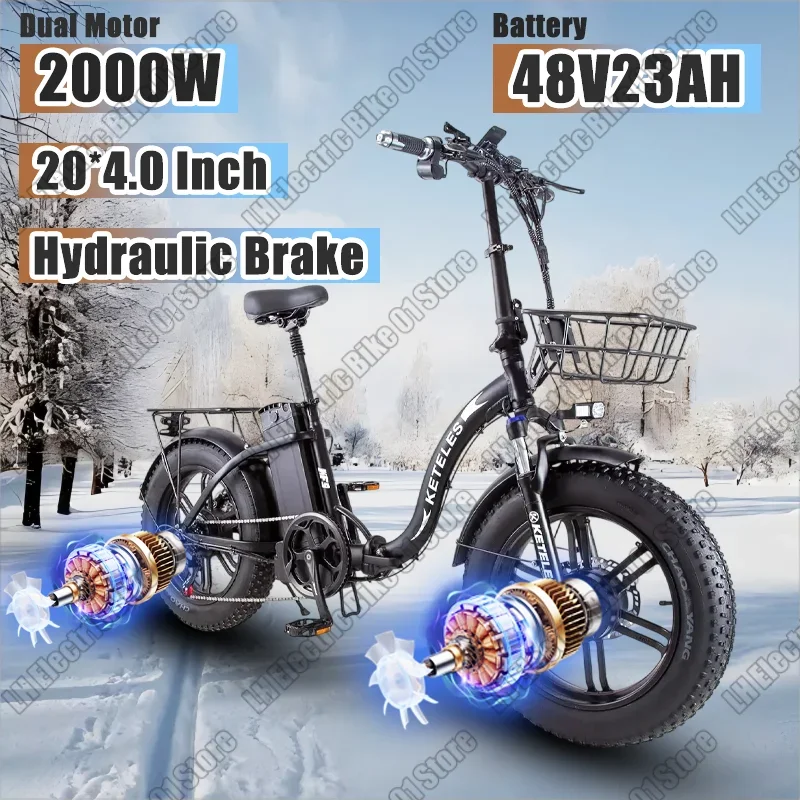 KETELES KF9 Electric Bicycle 2000W Dual Motor 48V23AH Battery Folding Electric Bike 20*4.0inch Fat Tire Adult Snow Riding E-bike