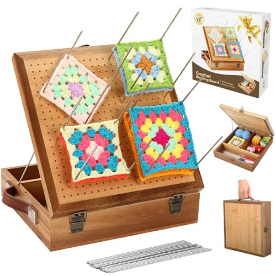 

Доска для блокировки вязаных изделий 12.0 дюймов с подарочной коробкой и выдвижным ящиком для хранения, из акации и бамбука, для проектов крючком, для вязания квадратных элементов (Granny Squares)