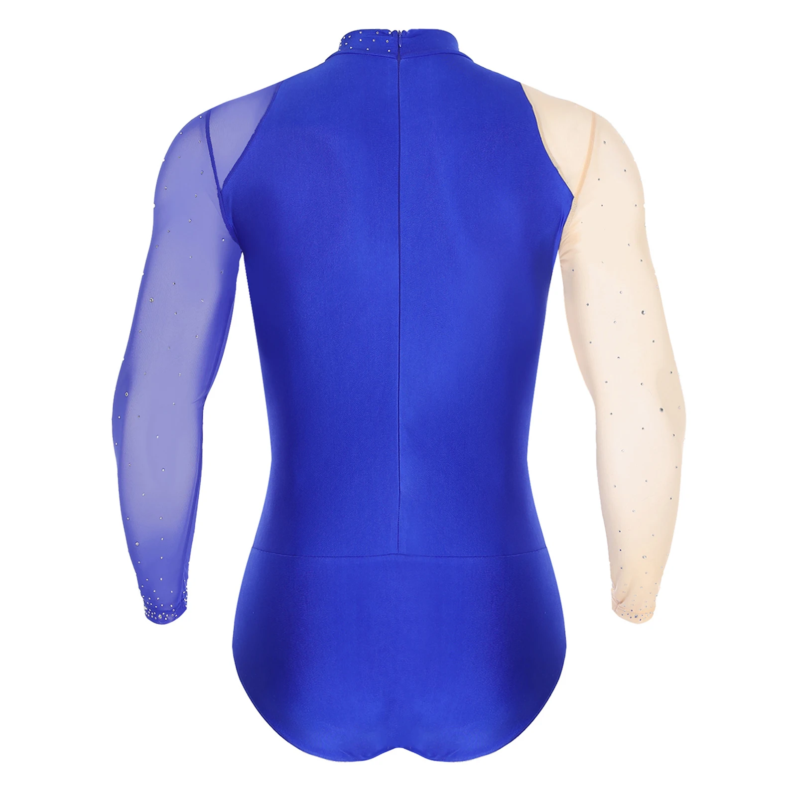 Männer Eiskunstlauf Leistung Trikot Strass Stretch Mesh Zurück Zipper Gymnastic Overall Lyrical Ballett Latin Dance Kostüm