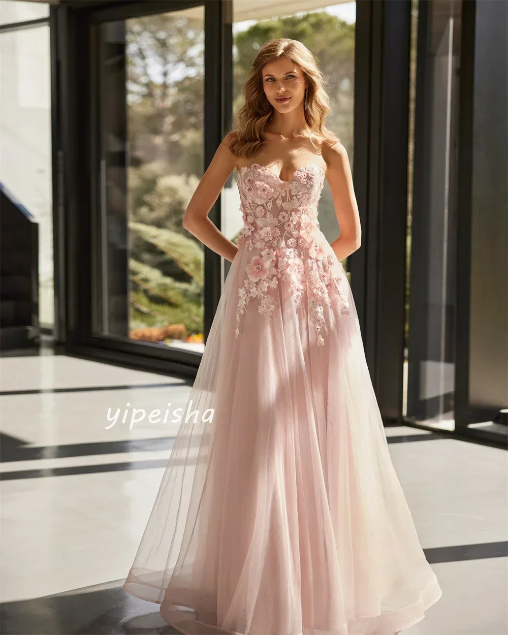 Customized 3D Flowers Appliques Organza Sequined Beading Ruched Cocktail Party Pink A-line Sweetheart Occasion Gown Long Dresses