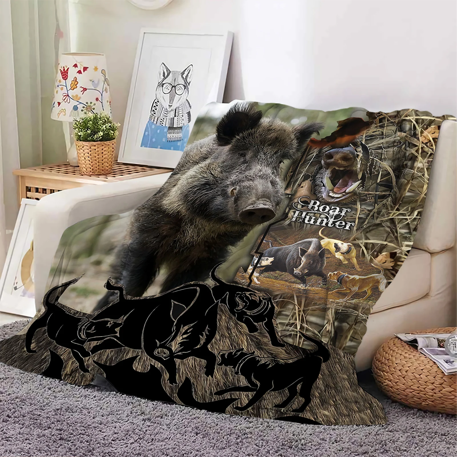 

Boar Hunting Flannel Blankets Animals 3D Printed Throw Blanket Office Nap Travel Portable Fluffy Quilt Hunter Gifts Dropshipping