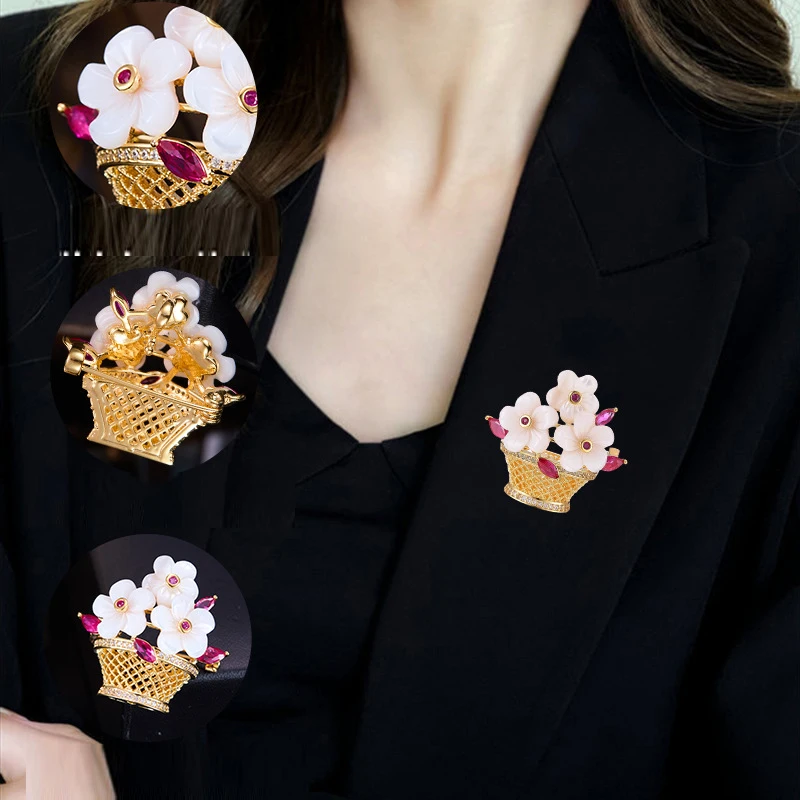 Fashion Women Flower Basket Brooch Chinese Retro Style Colorful Zircon Inlaid Flower Lapel Pin Brooches Suit Party Jewelry Gift
