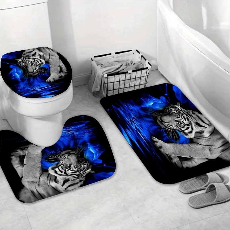 4PCs stylish Tigers flower print shower curtain set with non-slip bath rugs and toilet lid mat-70.9inch x 70.9inch polyester