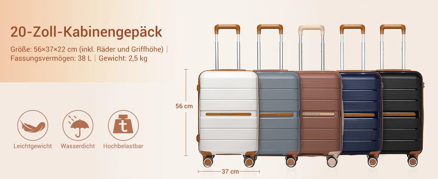 (56/66/76 cm) | British Traveller Hartschalen-Koffer mit 8 Spinnerrädern & TSA-Schloss | 100% PP | Handgepäcktauglich – Detail 7